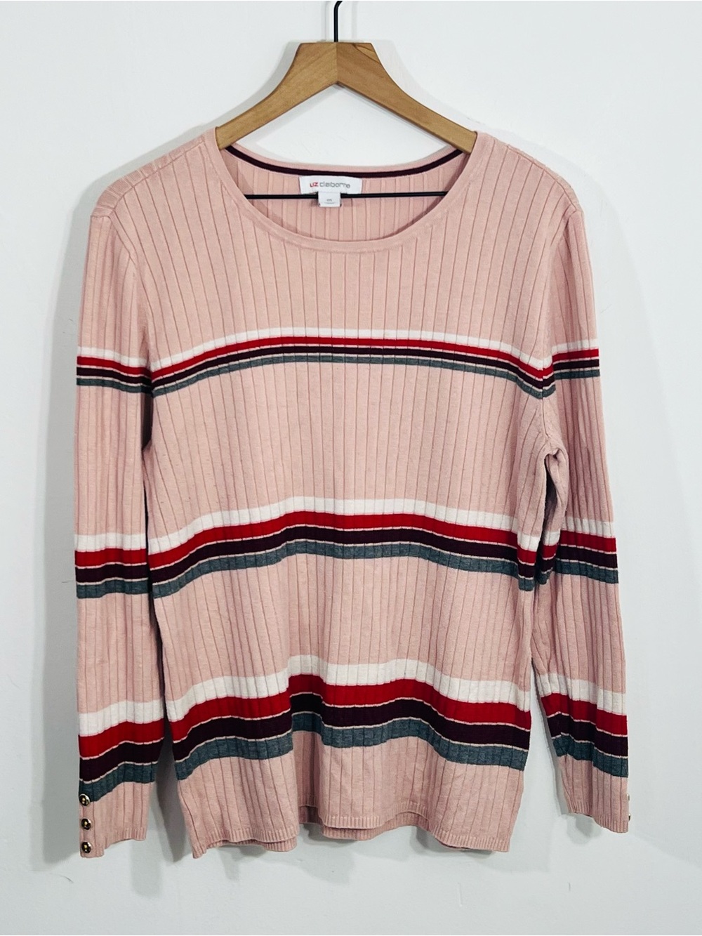 Liz Claiborne Pink Pullover Round Neck Ribbed Sweater Stripes Preppy Casual Top